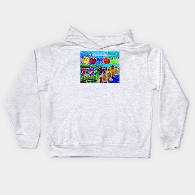 A Colorful World Village Beach Space Shuttle Planets Stars Boats Cows Homes Ocean Farms Flags Kids Hoodie by JackieCarpenterArt